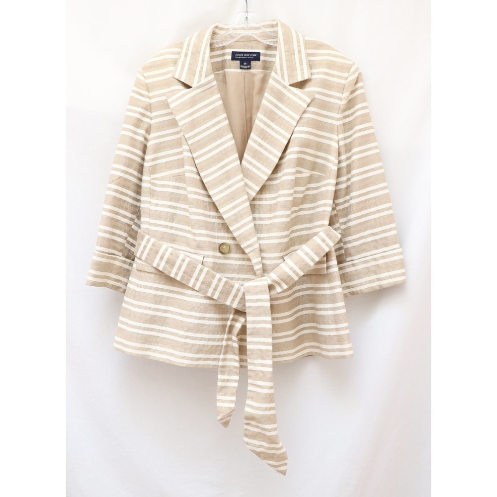 Jones New York Signature Tan Striped Jacket Belted 2X Cotton Linen Business